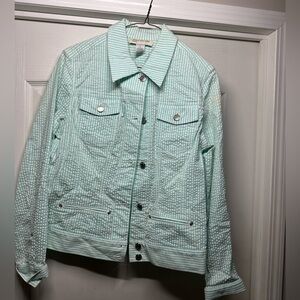 Jones New York Sport Aqua blue land white stripped summer jacket women’s size M